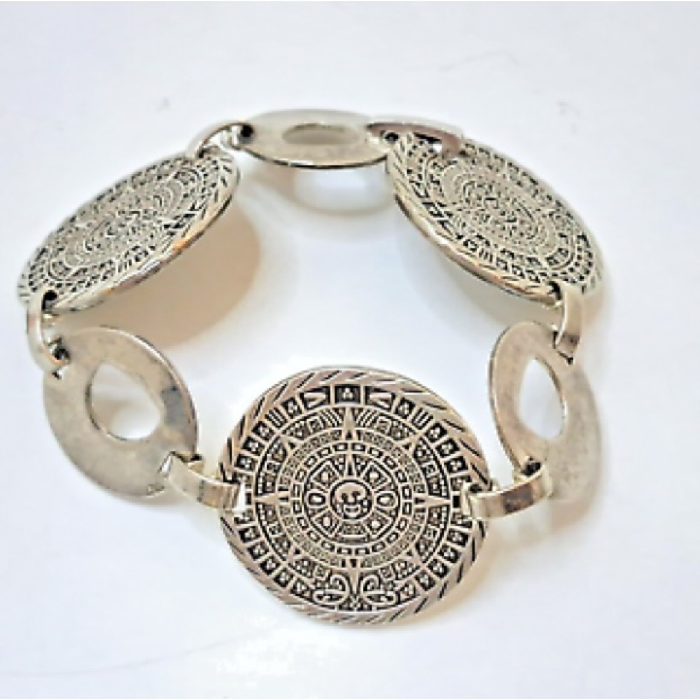 🌟 Vintage 925 Silver Pirate Skull Bracelet – Aztec & Mayan Calendar – 40.7g